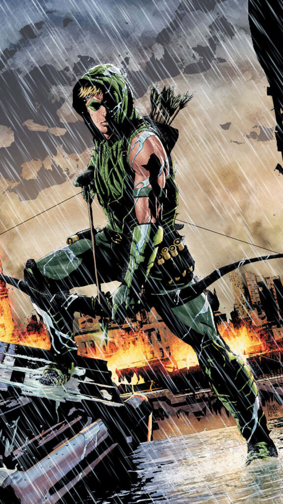 Green Arrow: Heroic Resilience in Stormy Wallpaper Background