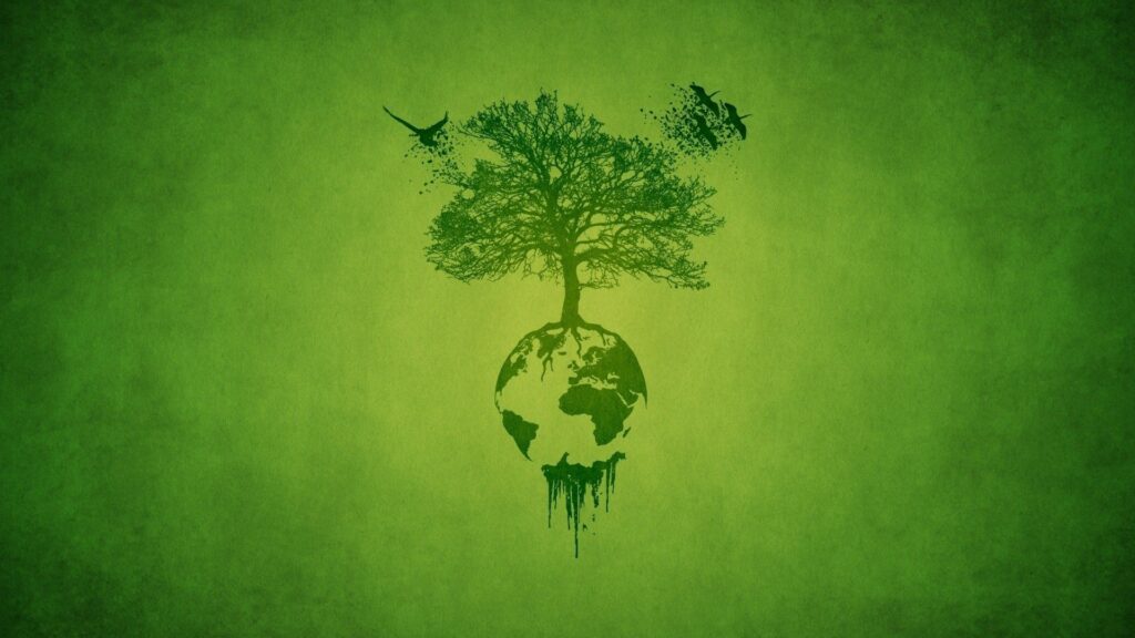 Minimalist Green Nature Wallpaper with Tree and Birds - 1920x1080