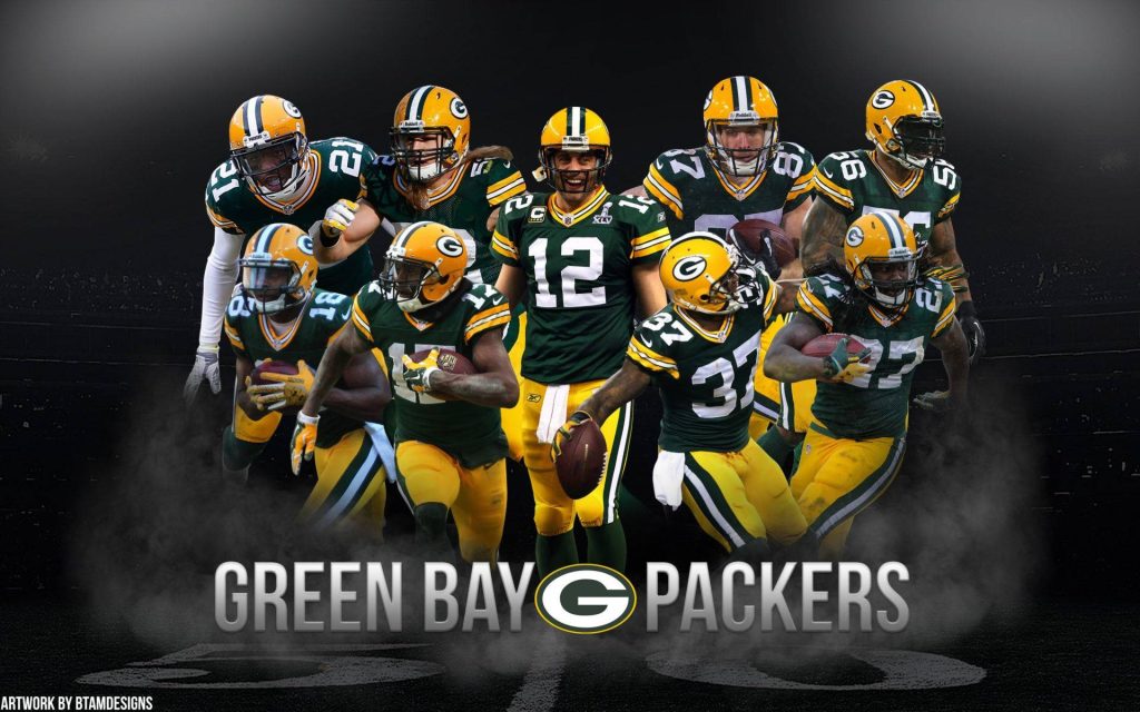 Green Bay Packers digital wallpaper featuring Aaron Rodgers and teammates in action pose