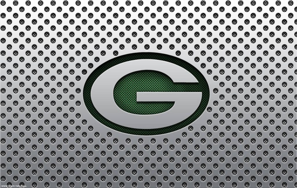Green Bay Packers logo on silver perforated metal mesh background wallpaper design
