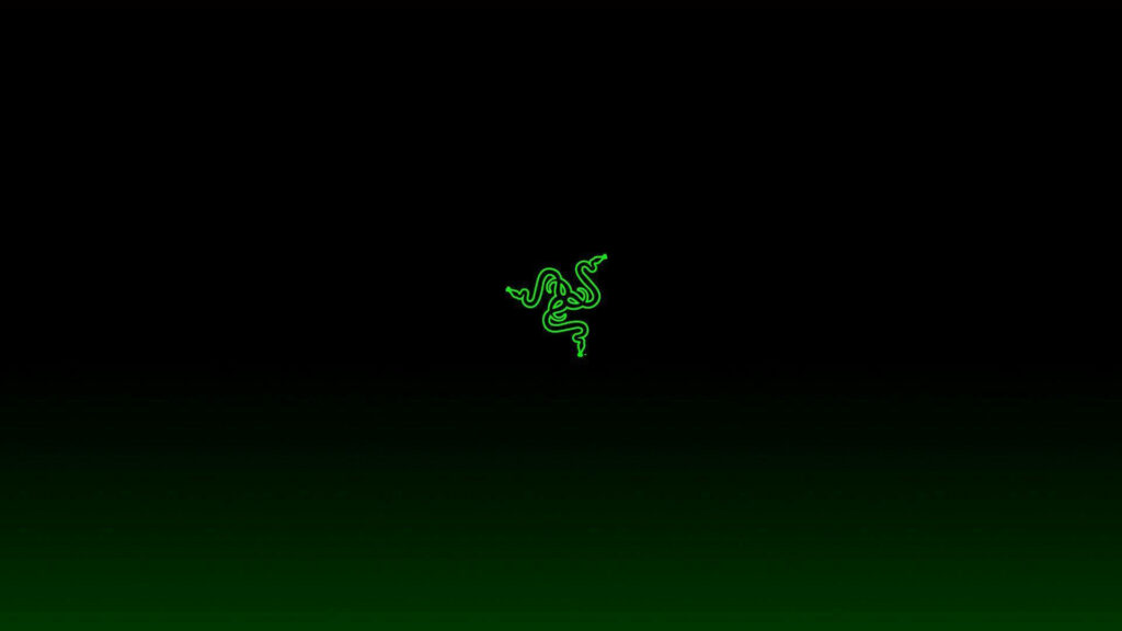 Minimalist Razer wallpaper with neon green three-headed snake logo on dark gradient background