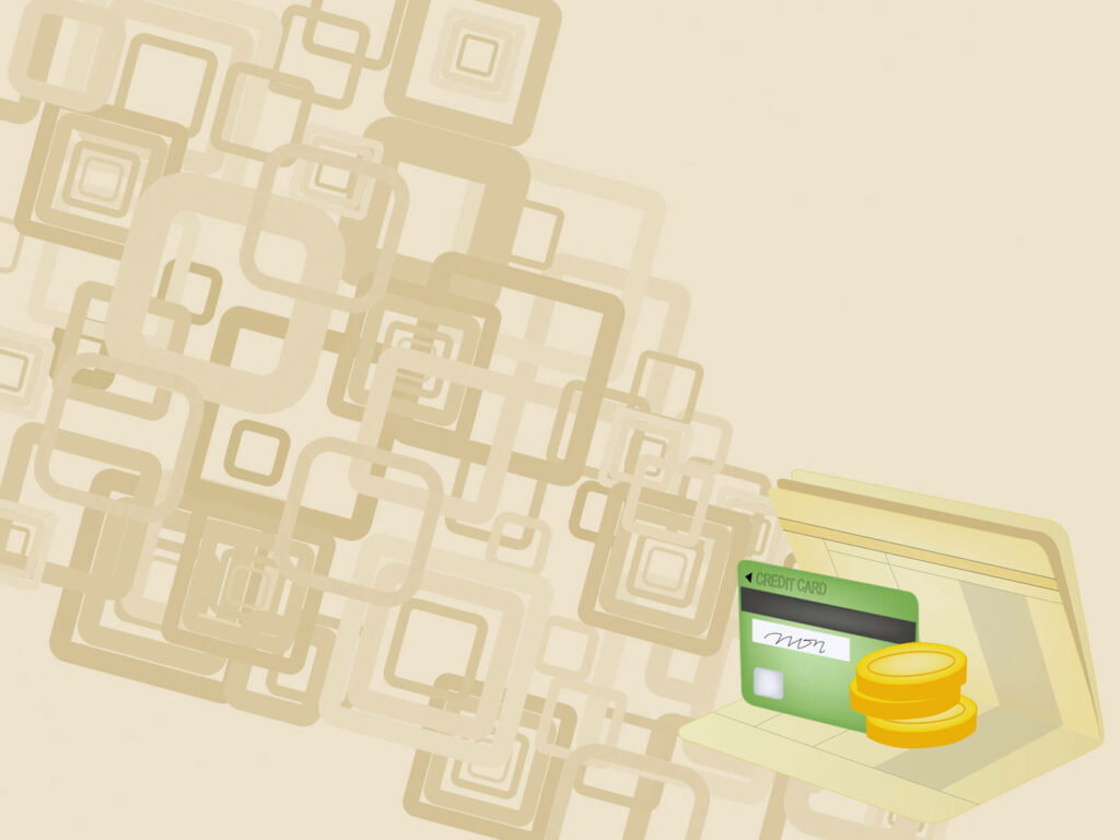 Close-up illustration of green credit card in open bank book with stacked gold coins and beige squares Wallpaper