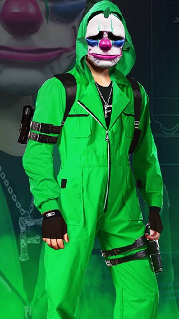 Green Criminal Garena Free Fire wallpaper with character in bright green jumpsuit and clown mask