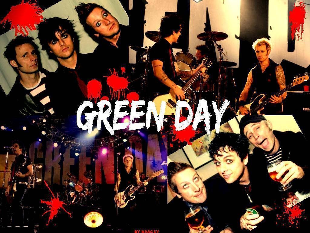 Green Day band collage with Billie Joe Armstrong Mike Dirnt Tré Cool red paint splatter wallpaper