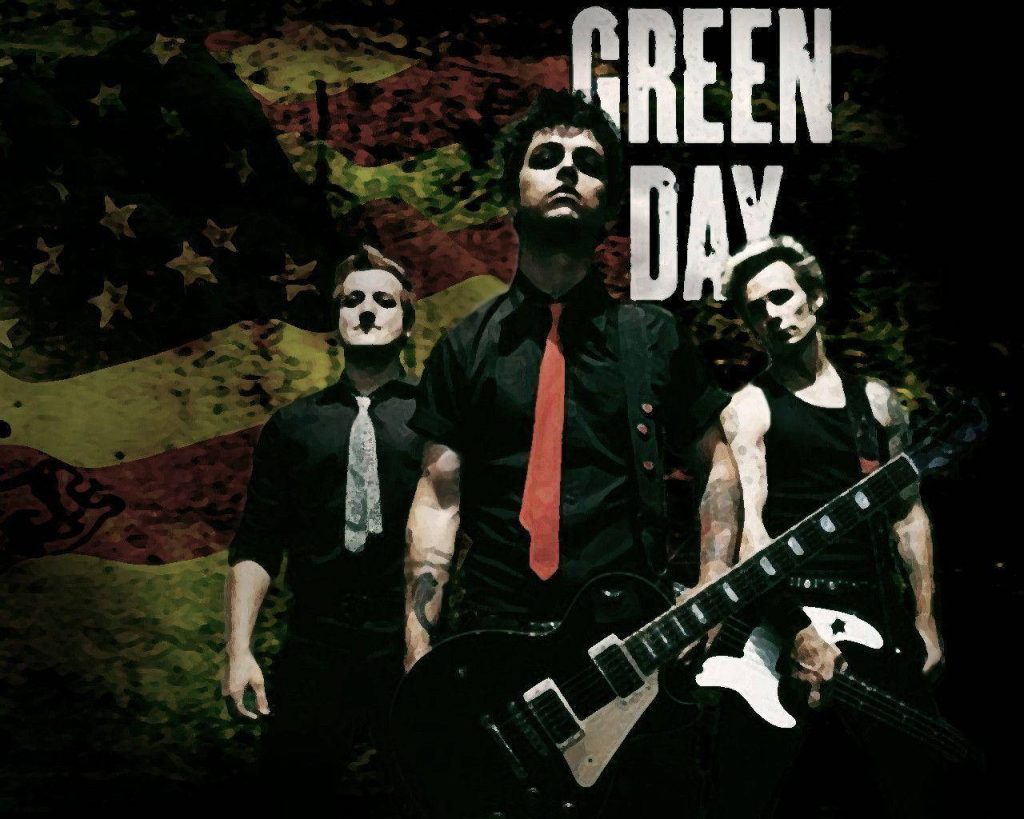 Green Day band members portrait with gritty American flag punk rock digital art wallpaper