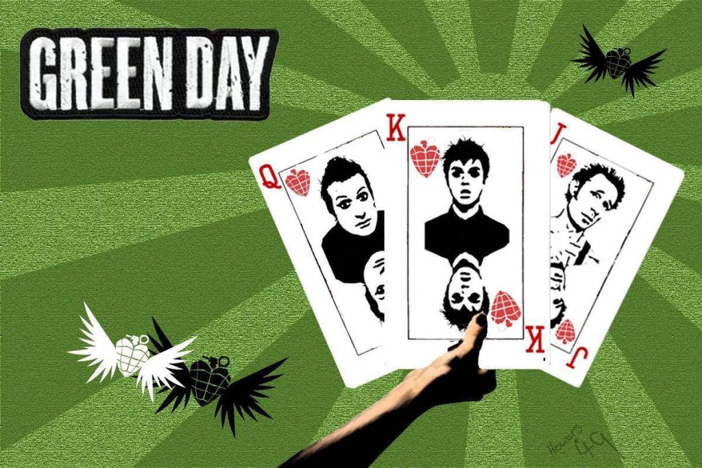 Green Day punk rock wallpaper with band members on playing cards and heart-grenade logo background