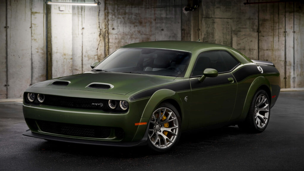 Green Dodge Hellcat 3D model in dim garage showcasing muscular design and metallic finish wallpaper