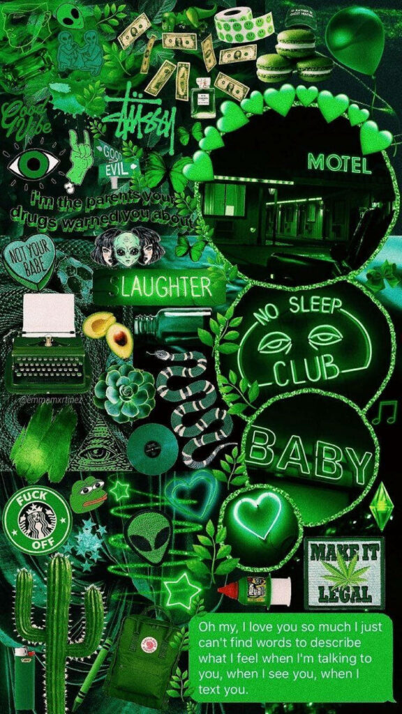 Electric green neon collage with glowing signs edgy fonts alien art cactus and Pepe the Frog Wallpaper