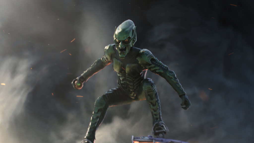 Intense Green Goblin Wallpaper: Iconic Armored Action Scene