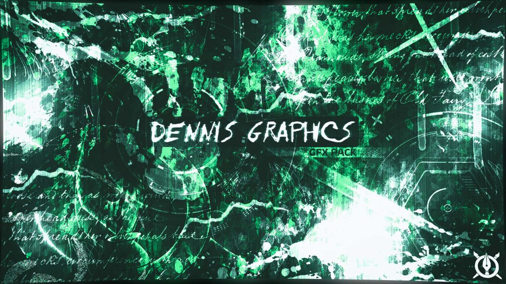 Green grunge GFX wallpaper with ink splatters techno lights and Dennis Graphics GFX Pack text