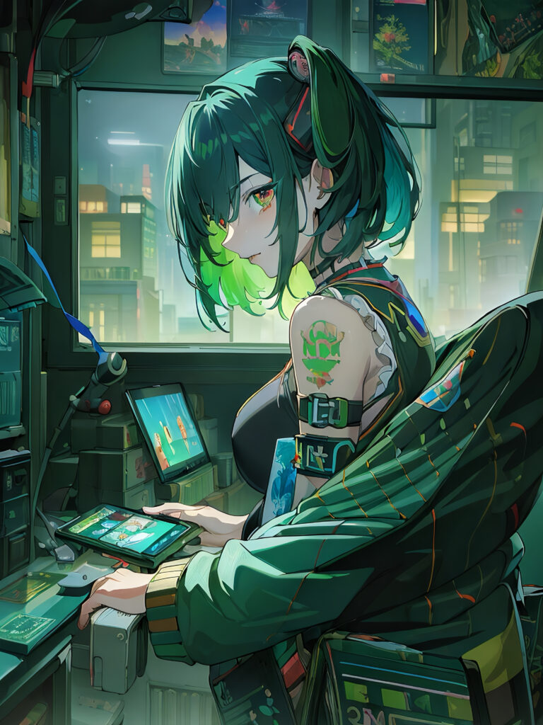 Edgy Hacker Girl Anime Wallpaper in High-Tech Cityscape