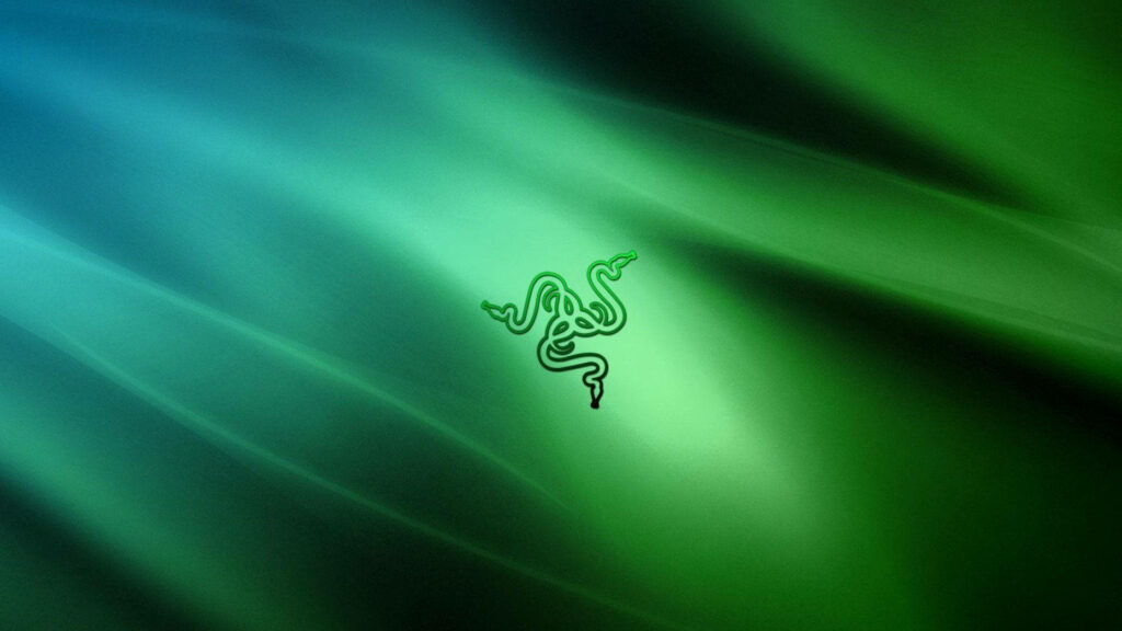 Razer logo wallpaper with triple-headed snake on vibrant green and blue abstract waves background