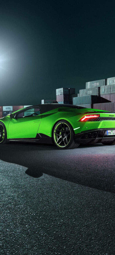 Green Lamborghini Huracán on empty night road with dramatic lighting perfect Redmi Note 10 wallpaper