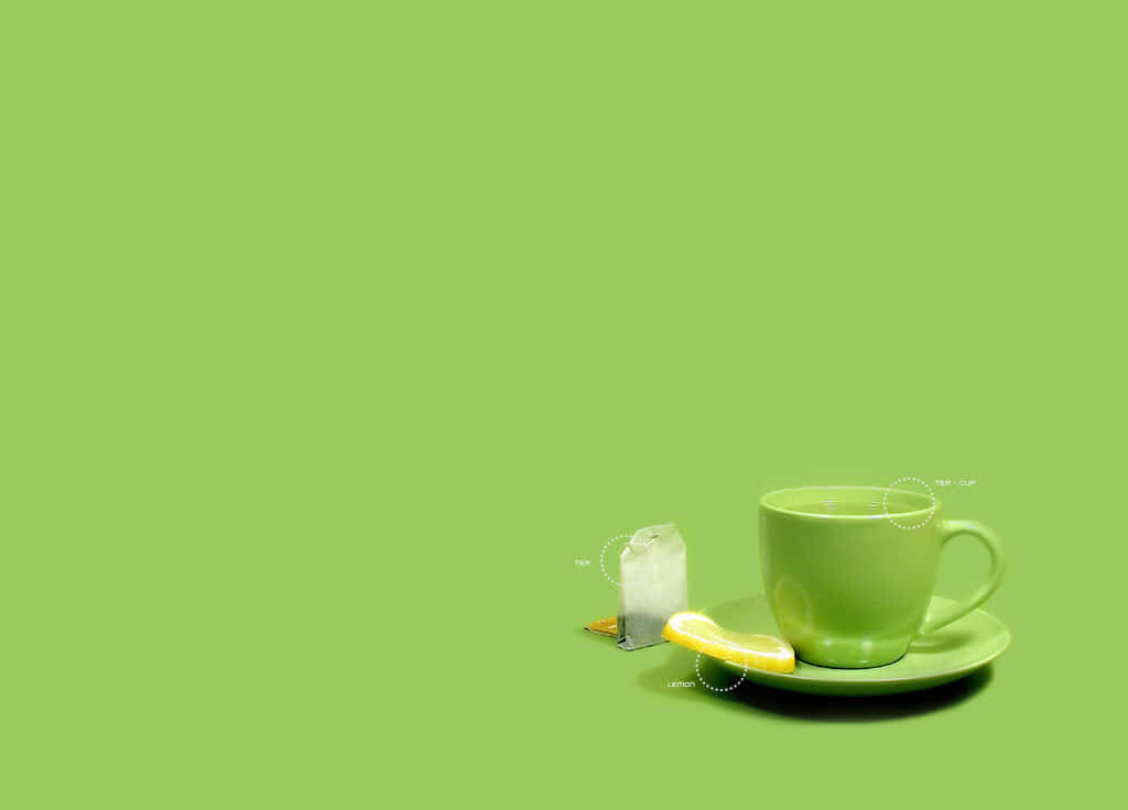 Green Minimalist Wallpaper: Tea Cup & Saucer with Lemon Slice