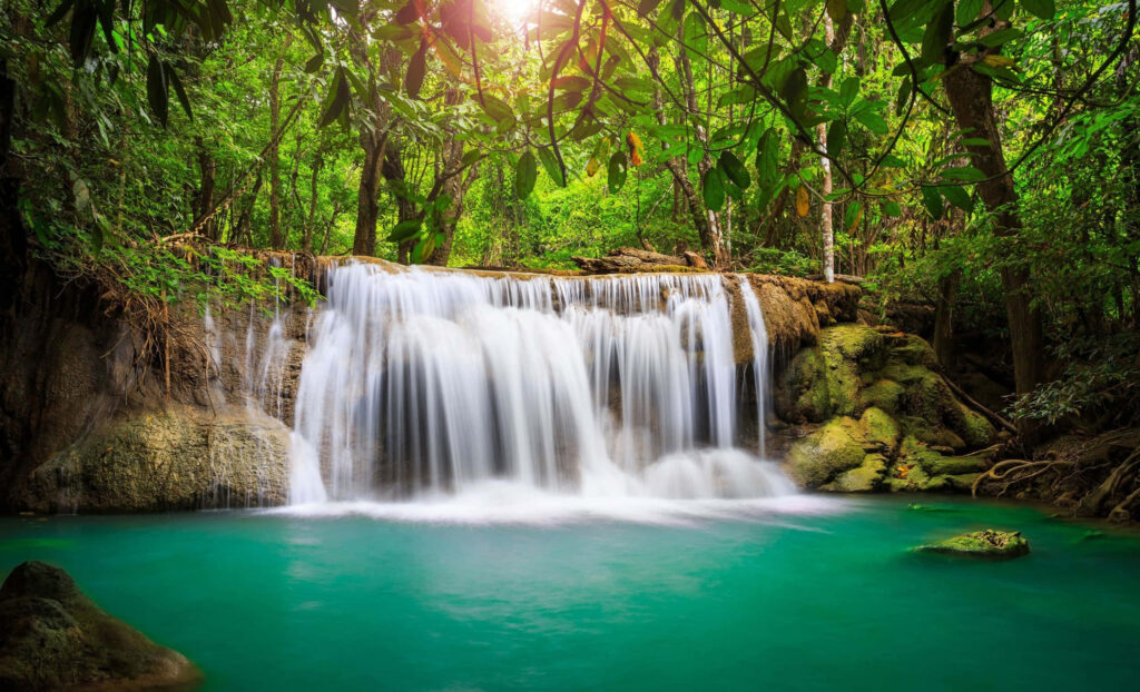 Green Serenity: Huay Mae Khamin Waterfall - A Breathtaking Desktop Wallpaper