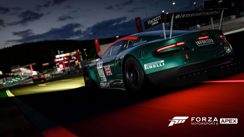 Green racing car speeding on illuminated night track Forza Motorsport 6 Apex wallpaper background