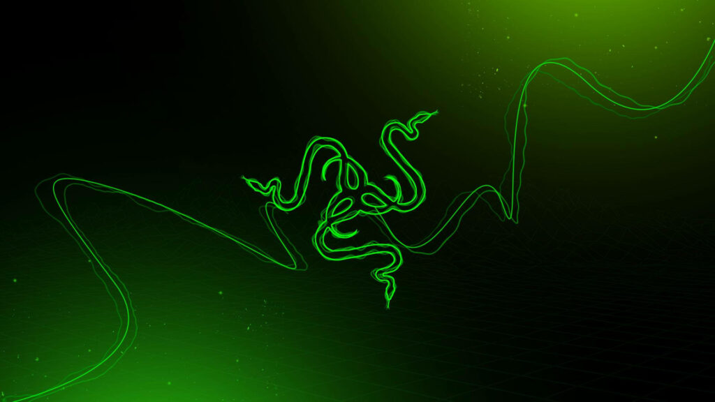 Razer logo wallpaper with glowing green three-headed snake on dark sleek digital grid background