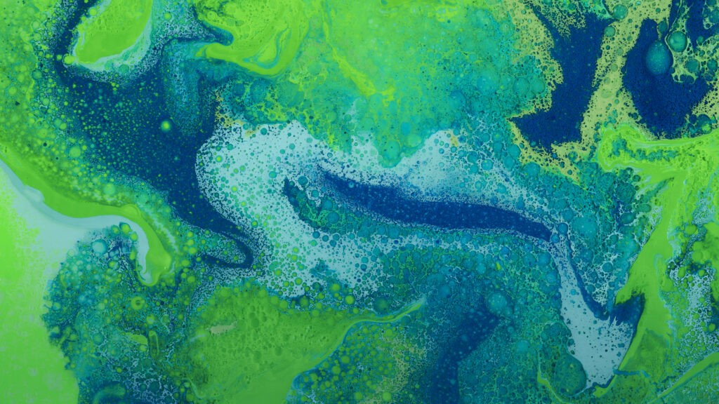 Hypnotic fluid art wallpaper with vibrant lime green teal and deep blue swirling paint textures
