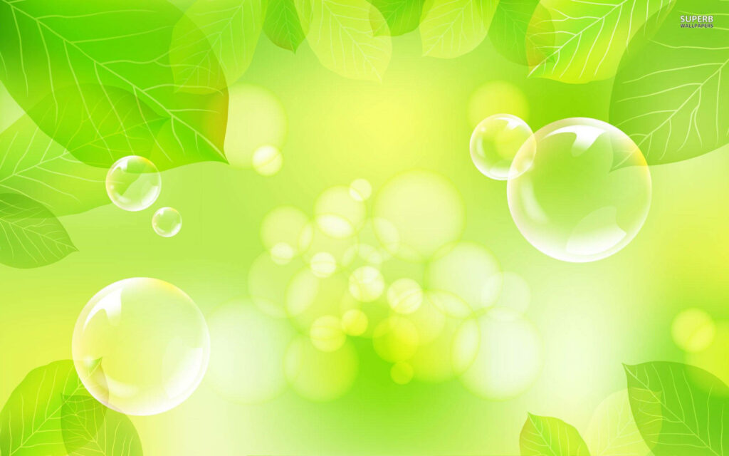 Vibrant green leaves frame glowing background with floating transparent bubbles and soft bokeh Wallpaper