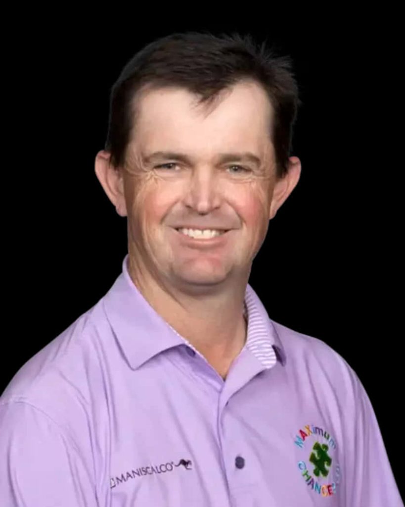 Greg Chalmers professional golfer in lavender Maximum Chance polo smiling black background portrait Wallpaper