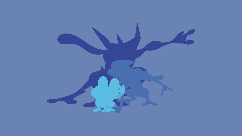 Minimalist blue vector art of Froakie Frogadier and Greninja silhouettes evolution wallpaper background
