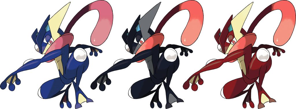 Greninja Pokémon wallpaper with classic blue shiny black and red variants on white background