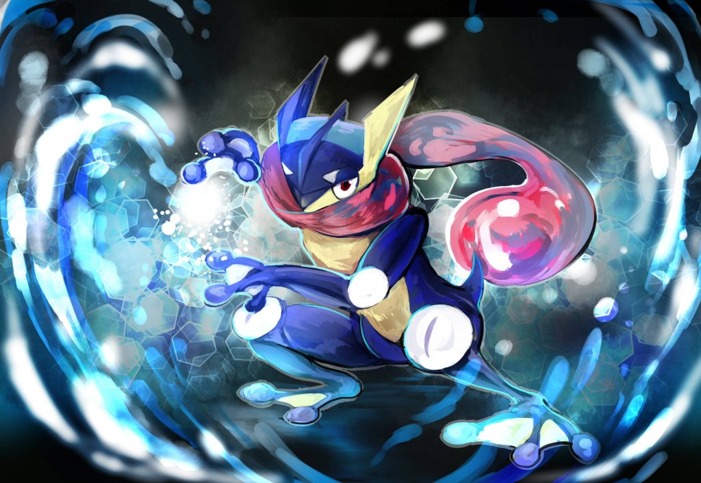 Greninja unleashing glowing Water Shuriken with blue splashes in dark ninja action wallpaper