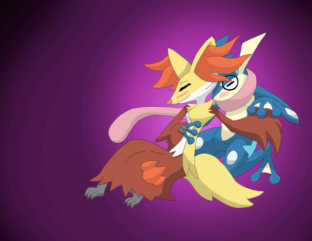 Greninja and Delphox dynamic poses vibrant Kalos starter Pokémon wallpaper purple background