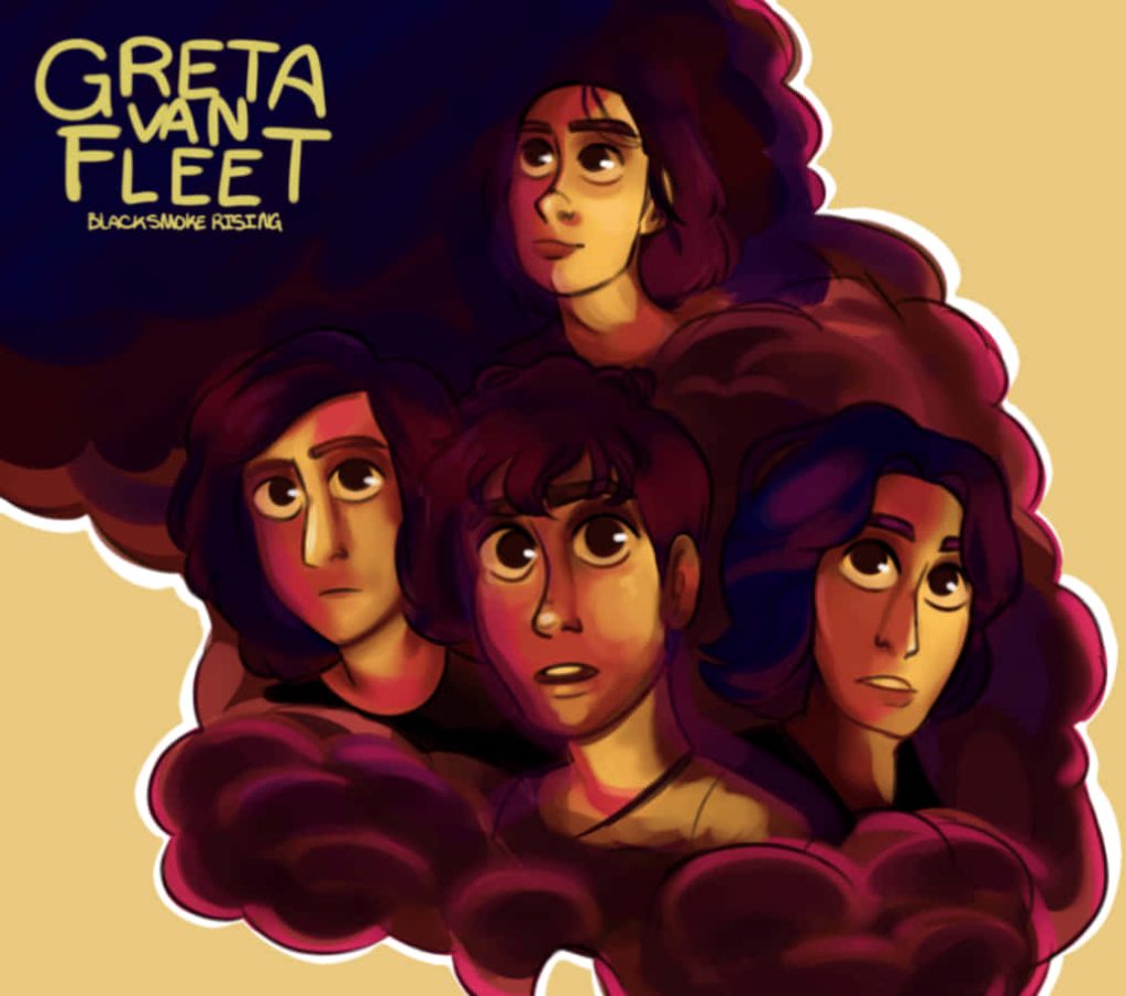 Greta Van Fleet anime style band portrait with purple smoke and Black Smoke Rising logo wallpaper