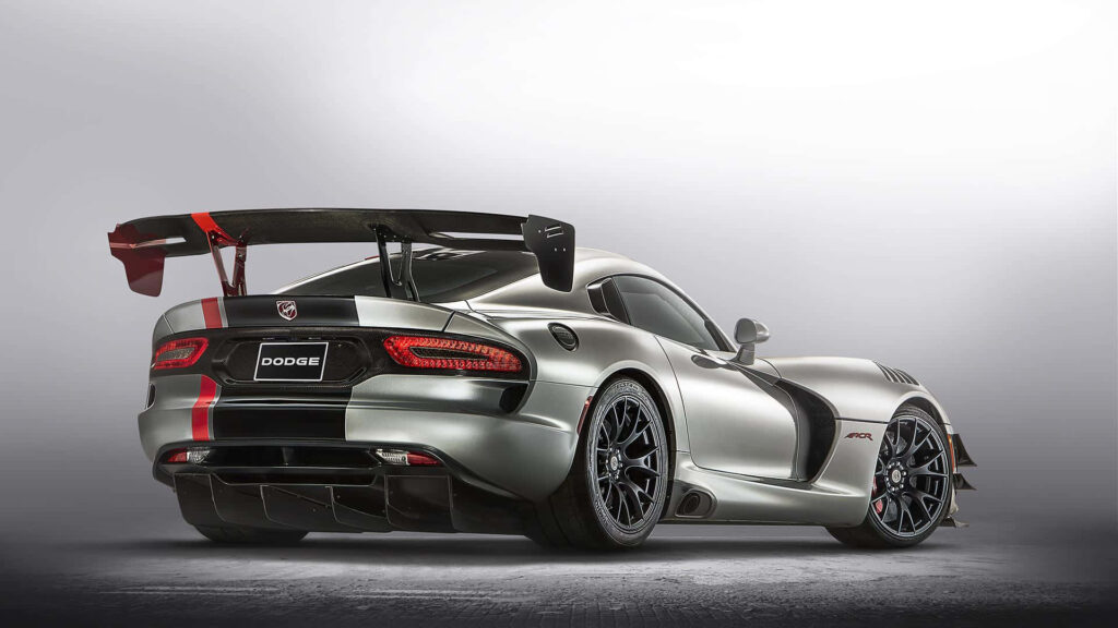 Grey Dodge Viper with aggressive spoiler and aerodynamic design in professional photoshoot wallpaper