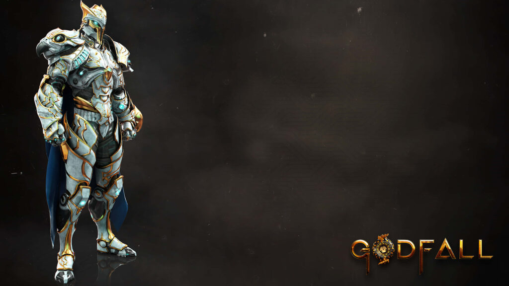 Regal Warrior: Full View of Greyhawk Adorned in Silver and Gold Armor, Against a Rustic Dusty Brown Godfall Landscape Wallpaper