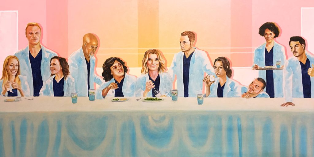 Grey's Anatomy Last Supper wallpaper with Meredith Grey and cast in white lab coats painting