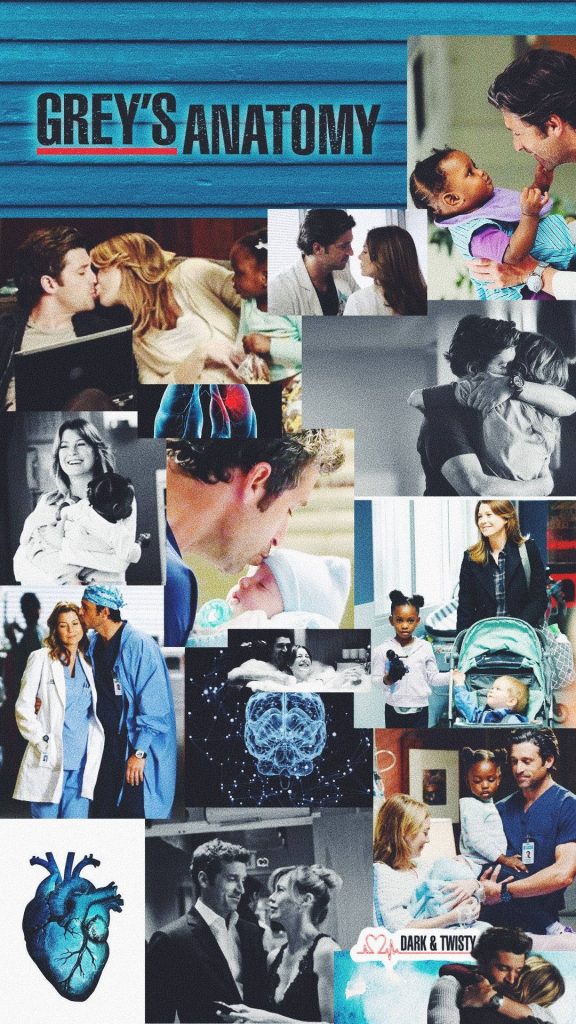 Grey's Anatomy wallpaper collage of Meredith Grey and Derek Shepherd romantic moments and family scenes