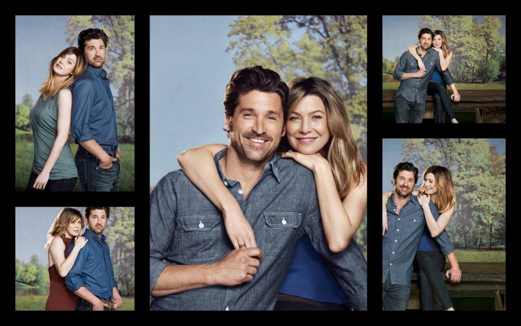 Romantic Grey's Anatomy collage wallpaper with Meredith Grey and Derek Shepherd outdoors