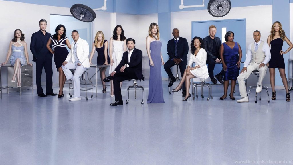 Grey's Anatomy Season 8 cast in hospital OR with Ellen Pompeo and Patrick Dempsey blue tones Wallpaper