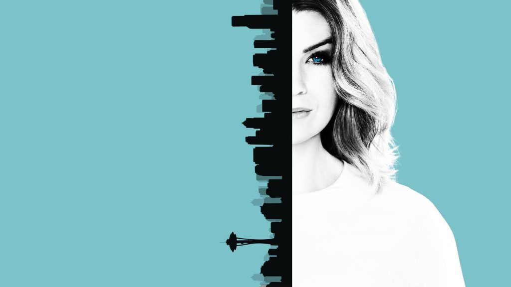 Grey's Anatomy wallpaper split design Seattle skyline black silhouette Space Needle Meredith Grey teal background