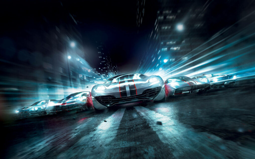 Neon-lit city street racing with powerful sports cars speeding in Grid 2 Live Gaming wallpaper