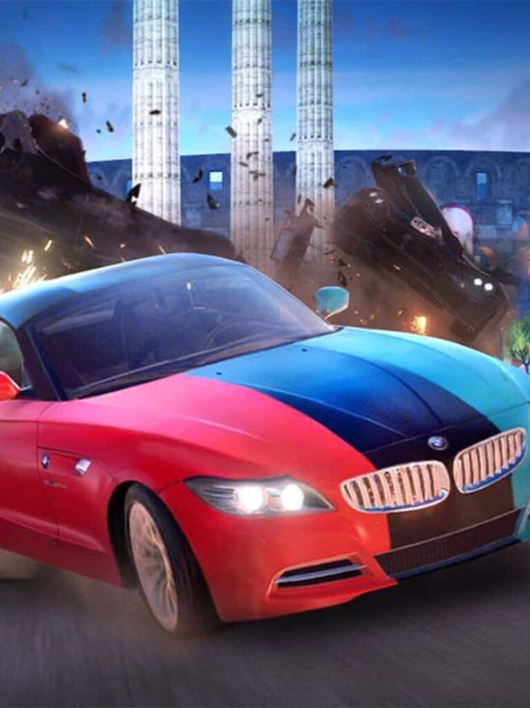 Intense Grid Autosport Race: Red, Black, and Blue BMW Speeds Past Crashed Car Wallpaper