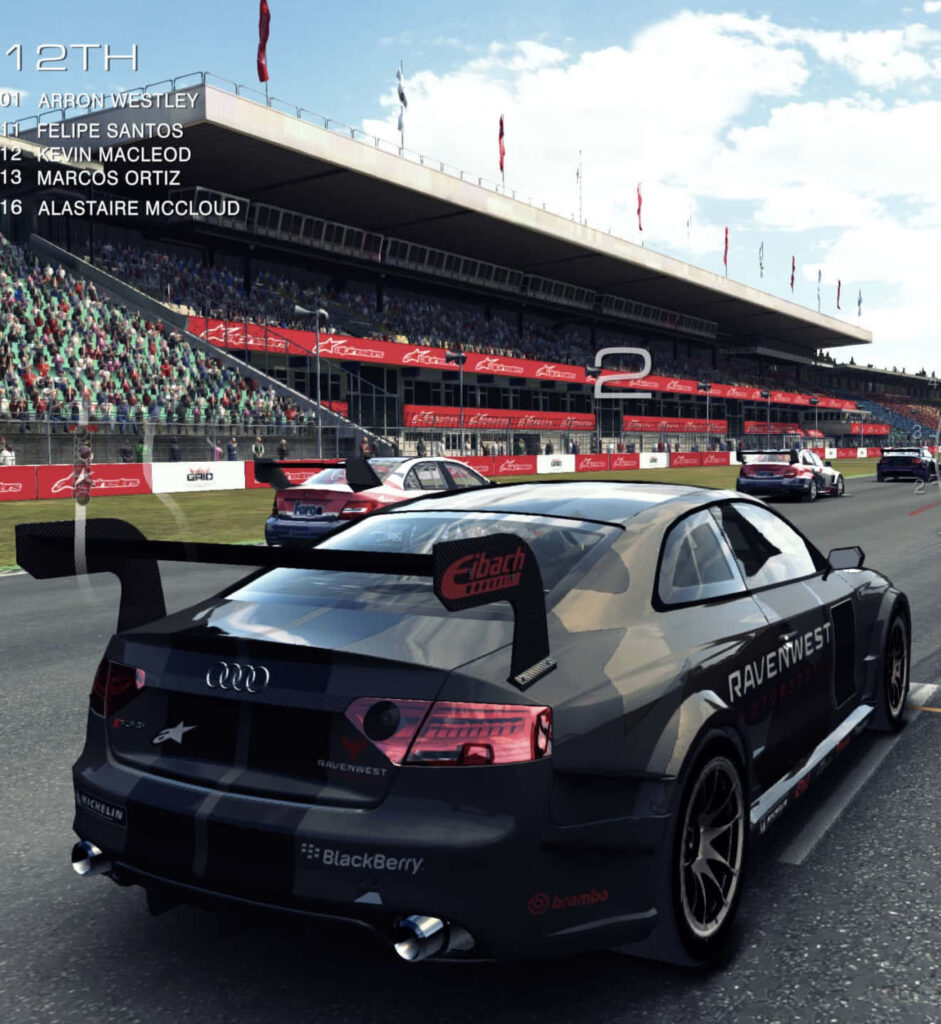 Grid Autosport Audi race car competes with sponsor logos on crowded track, intense racing atmosphere Wallpaper