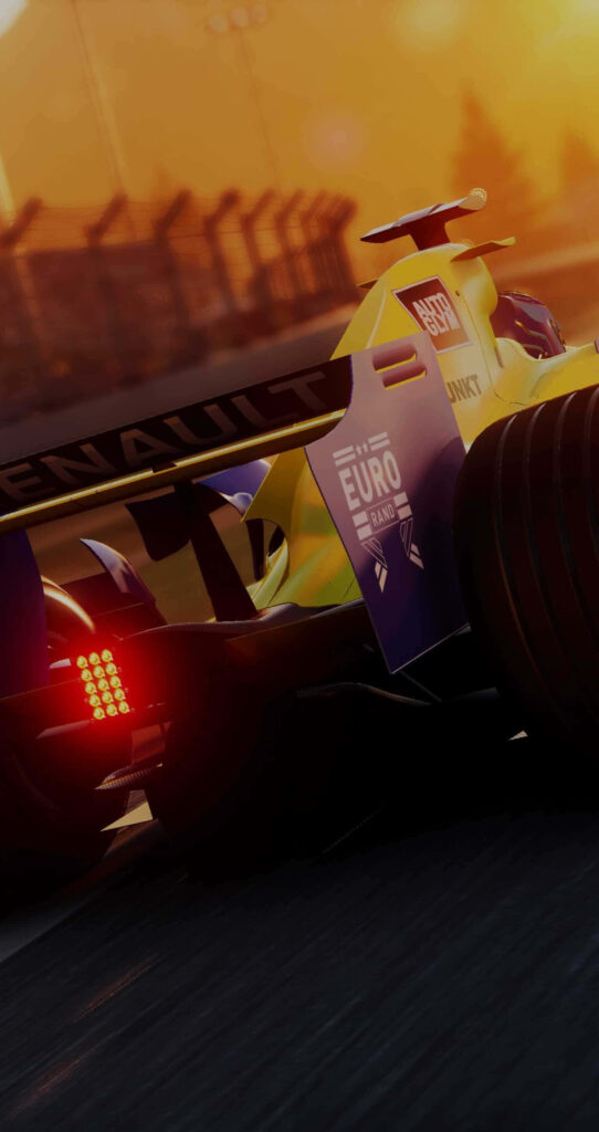 Sunset Racing Scene in Grid Autosport: Formula Car Speeding on Track with Sponsor Decals Wallpaper