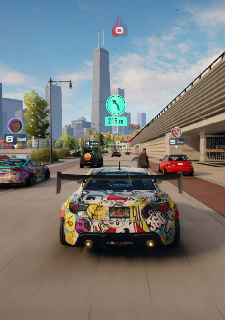 Brightly colored race car speeds through urban circuit in Grid Autosport with iconic skyscrapers in background. Wallpaper