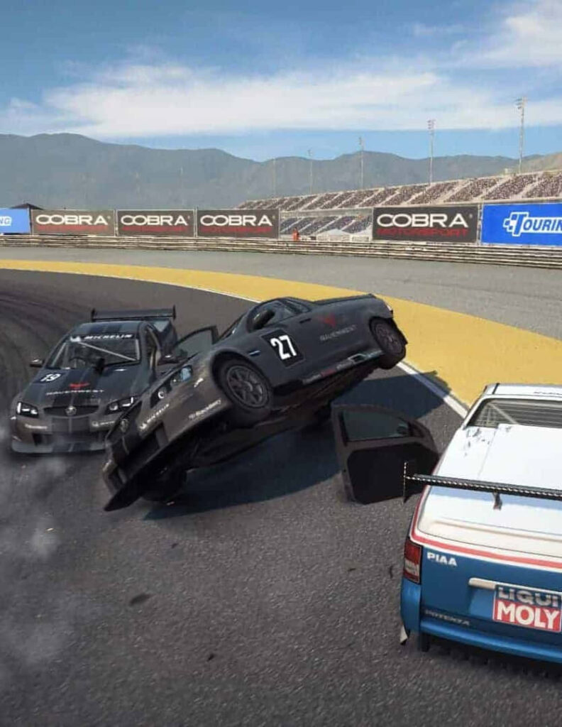 Dramatic Collision: Race Car Tumble on a Sunny Grid Autosport Track! Wallpaper