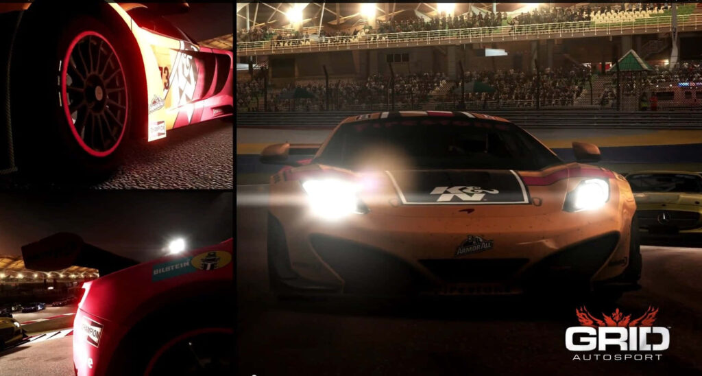 Grid Autosport: Dynamic Racing Collage with Sleek Race Car and Excited Spectators in Vibrant Background Wallpaper