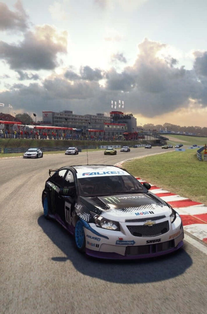 Roaring Engines on a Rainy Race Day: Grid Autosport Racecars Tear up the Track Under a Stormy Sky Wallpaper