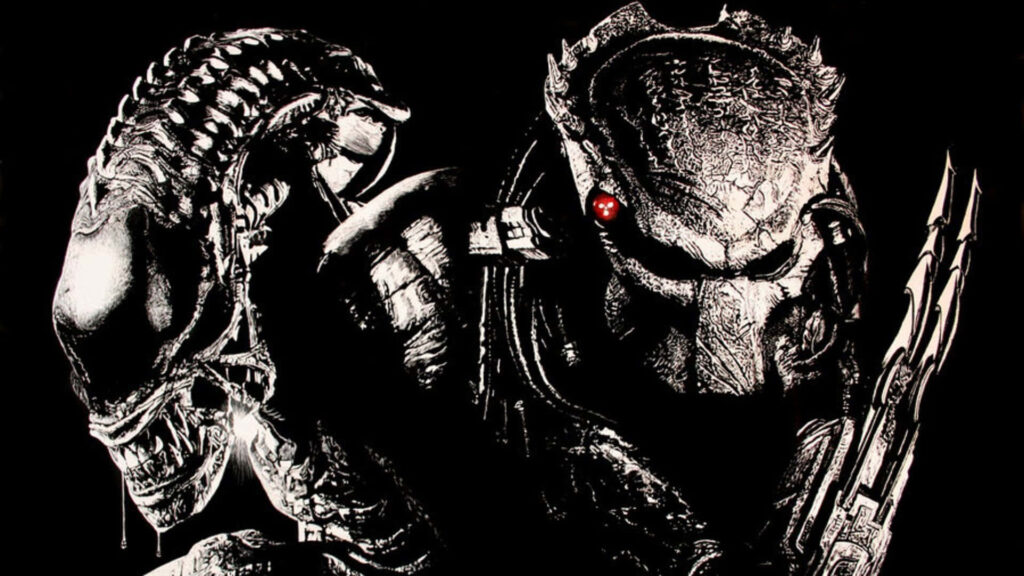 Grayscale wallpaper of intense Grid versus Celtic Predator showdown with detailed designs