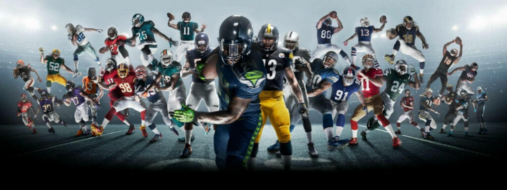 The United Force: Dynamic NFL Players Unite in an Explosive Field Charge Wallpaper in QHD 2K 2005x754 Resolution