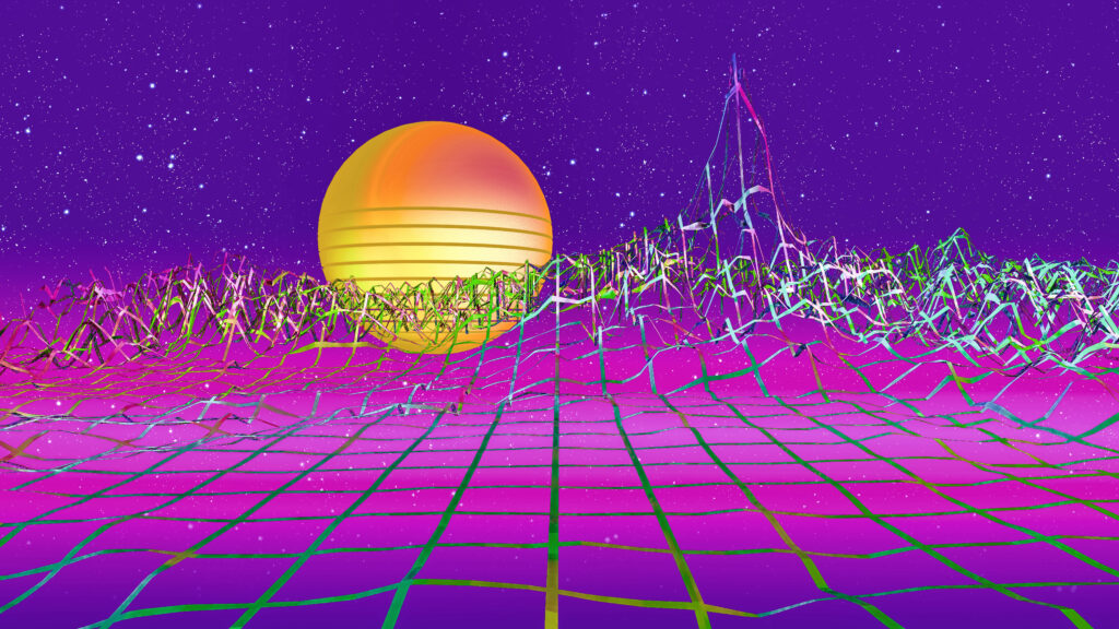 Retrofuturistic Horizons: Gridline-Made Mountains Embracing the Sun, Stars Adorn Synthwave Skyline Wallpaper