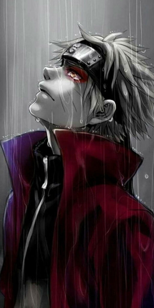 Grief-Stricken Naruto: Tears Cascade Amidst Stormy Skies, Enveloped in Sage Mode's Crimson Aura - Emotive Naruto Wallpaper with Unique Color Contrast