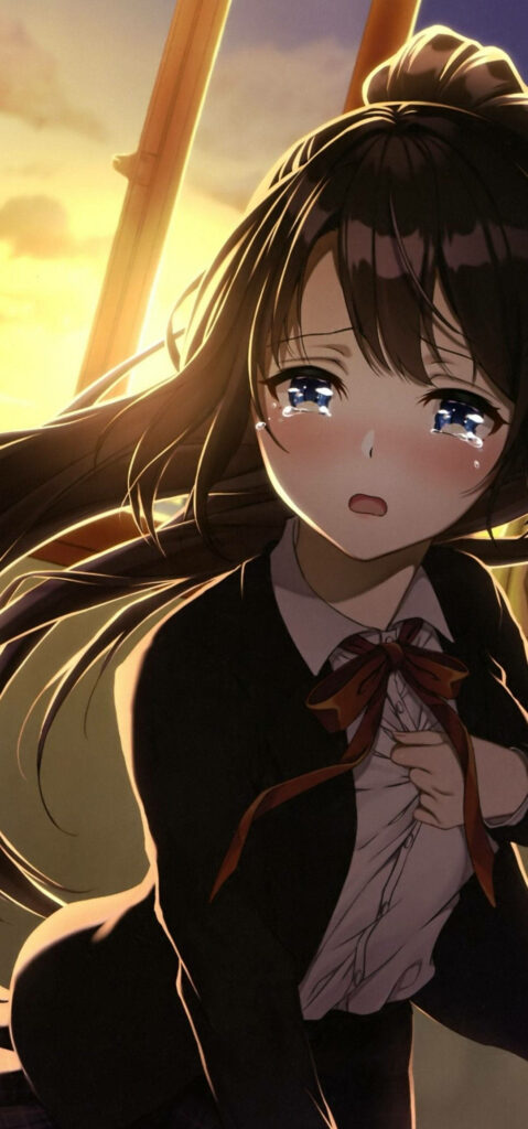 Melancholic Anime Girl Embracing Sorrow Amidst the Schoolyard's Twilight Ambiance Wallpaper