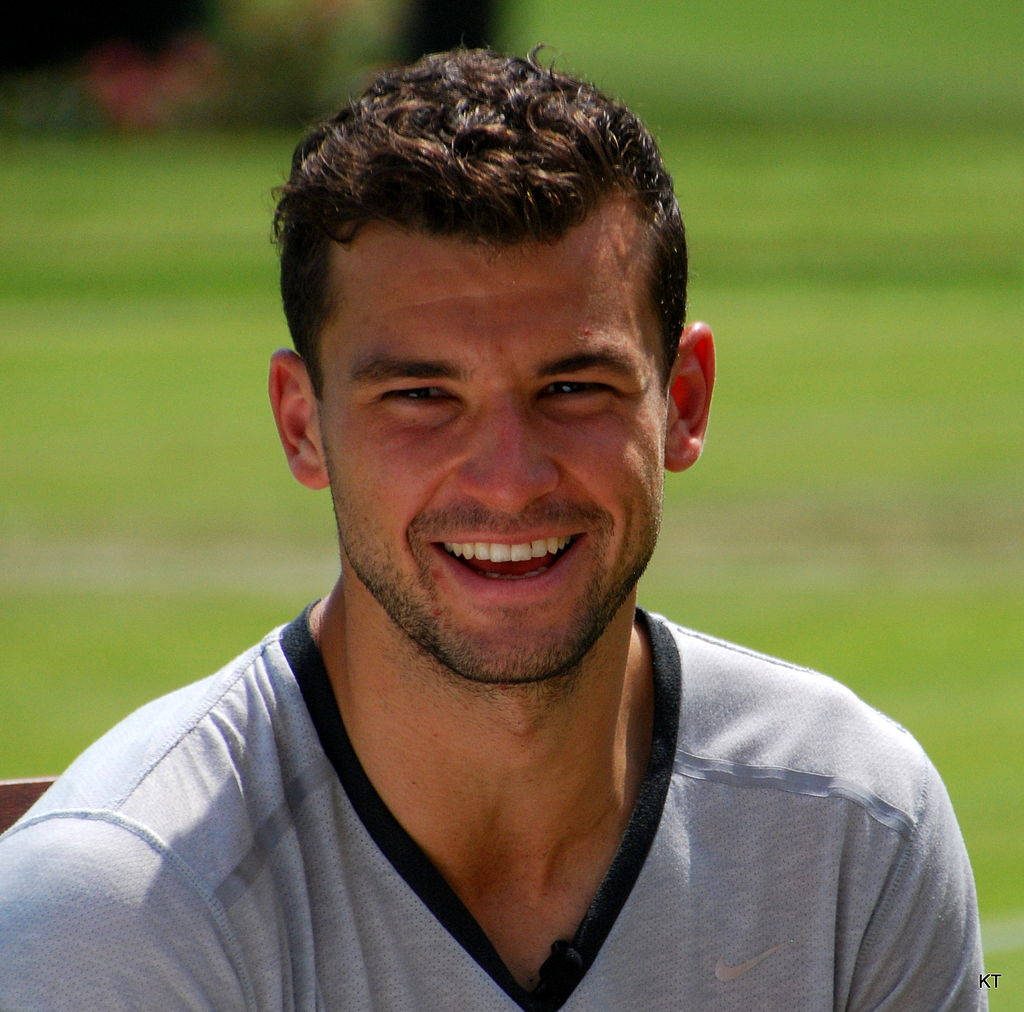 Grigor Dimitrov smiling portrait on green tennis court background in grey athletic shirt Wallpaper